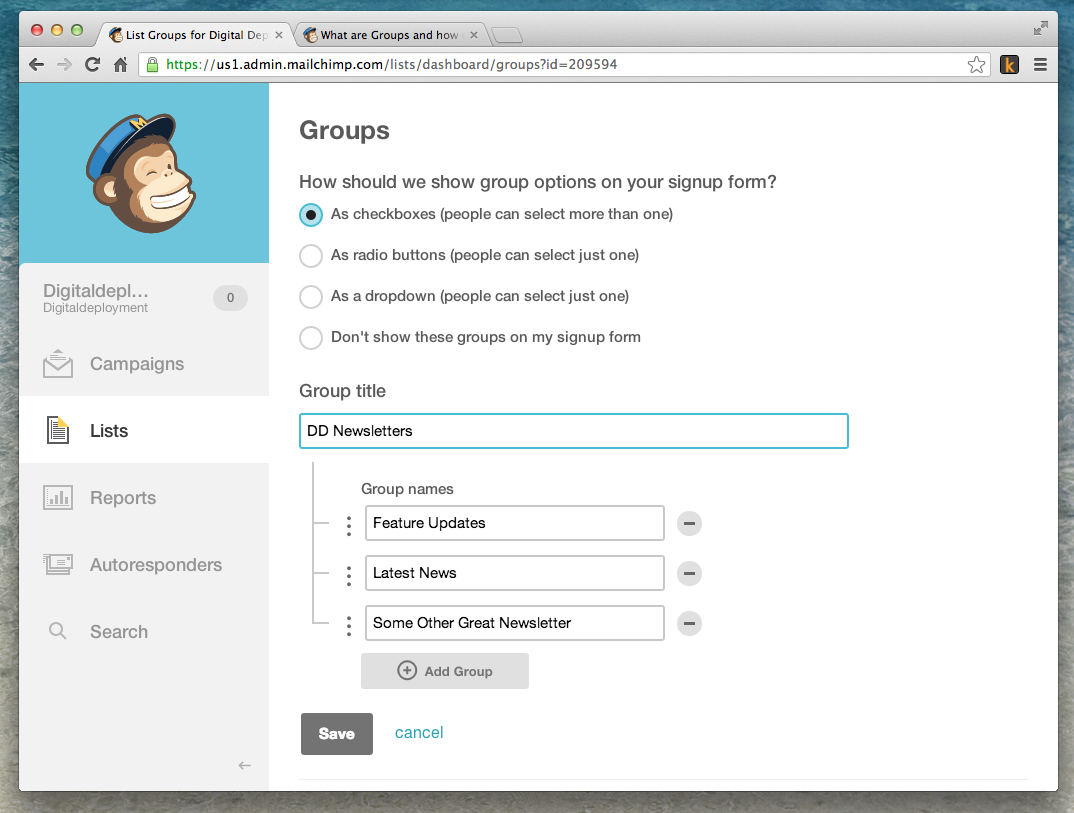 Setting up your Mailchimp group(s) Digital Deployment